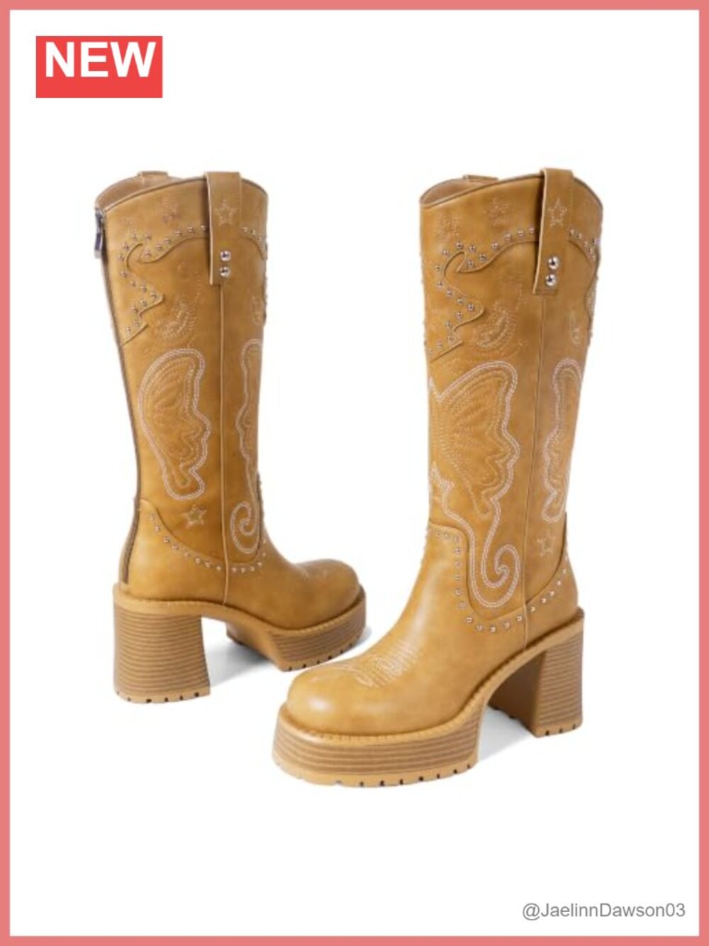 Knee High Western Boots Leather Platform Chunky Heel Cowgirl